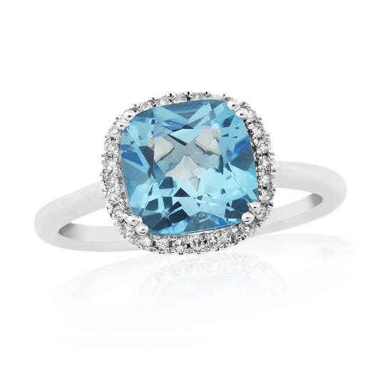 Ladies 9ct White Gold Blue Topaz and Diamond Cluster Dress Ring