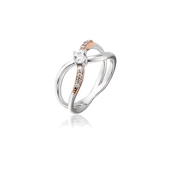 Ladies Silver and Gold White Topaz Kiss Dress Ring 3SCGKR