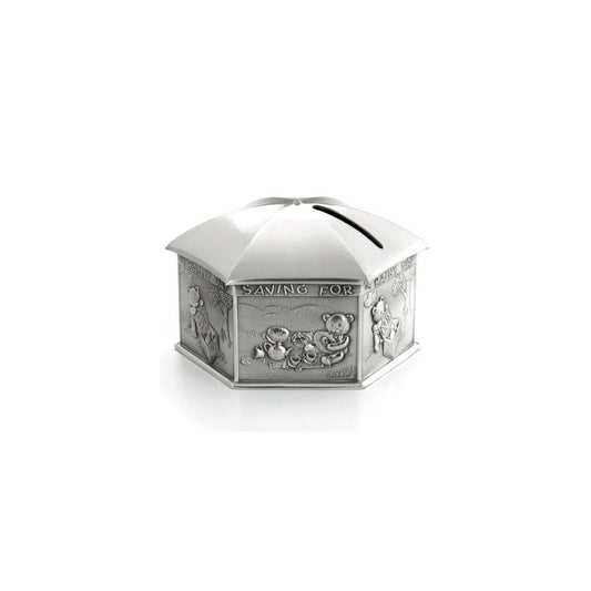 Childs Rainy Day Pewter Coin Box in Wooden Gift Box 0E0634