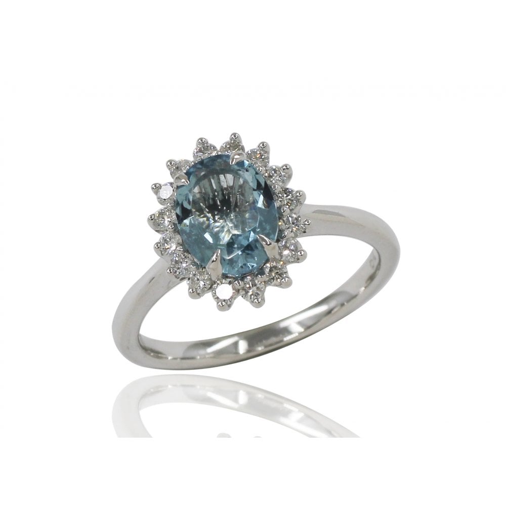 Platinum Ladies Aquamarine and Diamond Cluster Ring