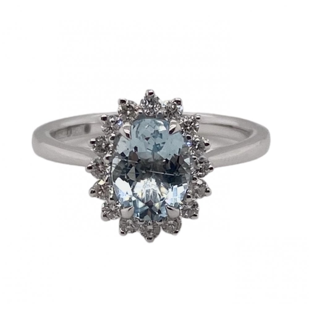 Platinum Ladies Aquamarine and Diamond Cluster Ring