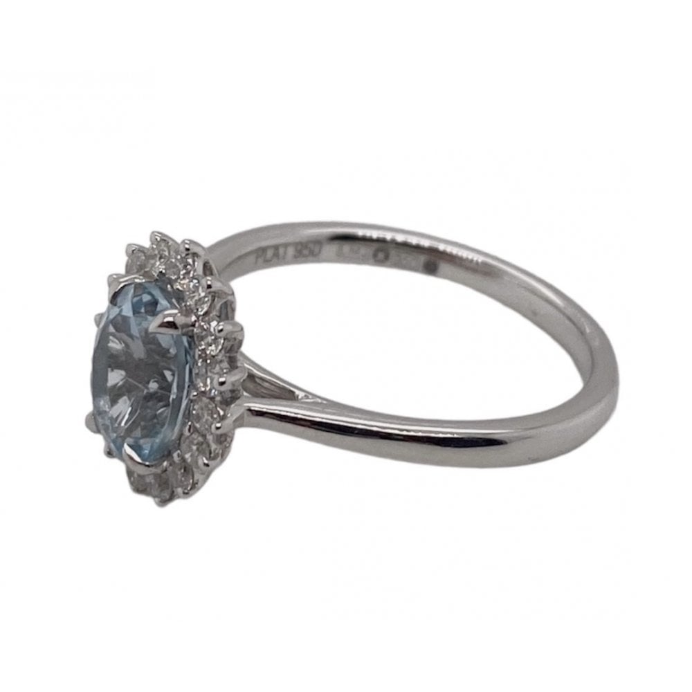 Platinum Ladies Aquamarine and Diamond Cluster Ring