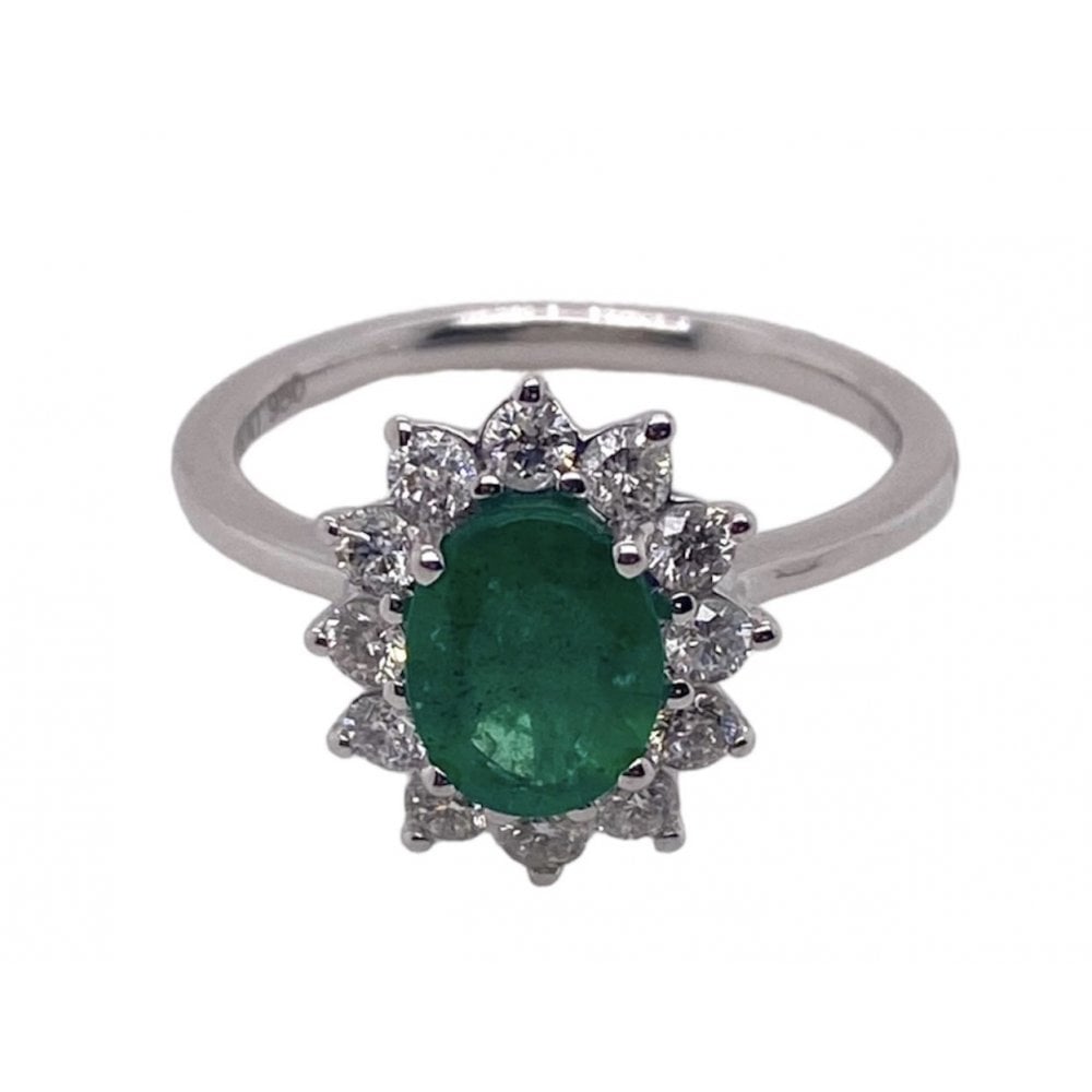Platinum Emerald and Diamond Cluster Engagement Ring