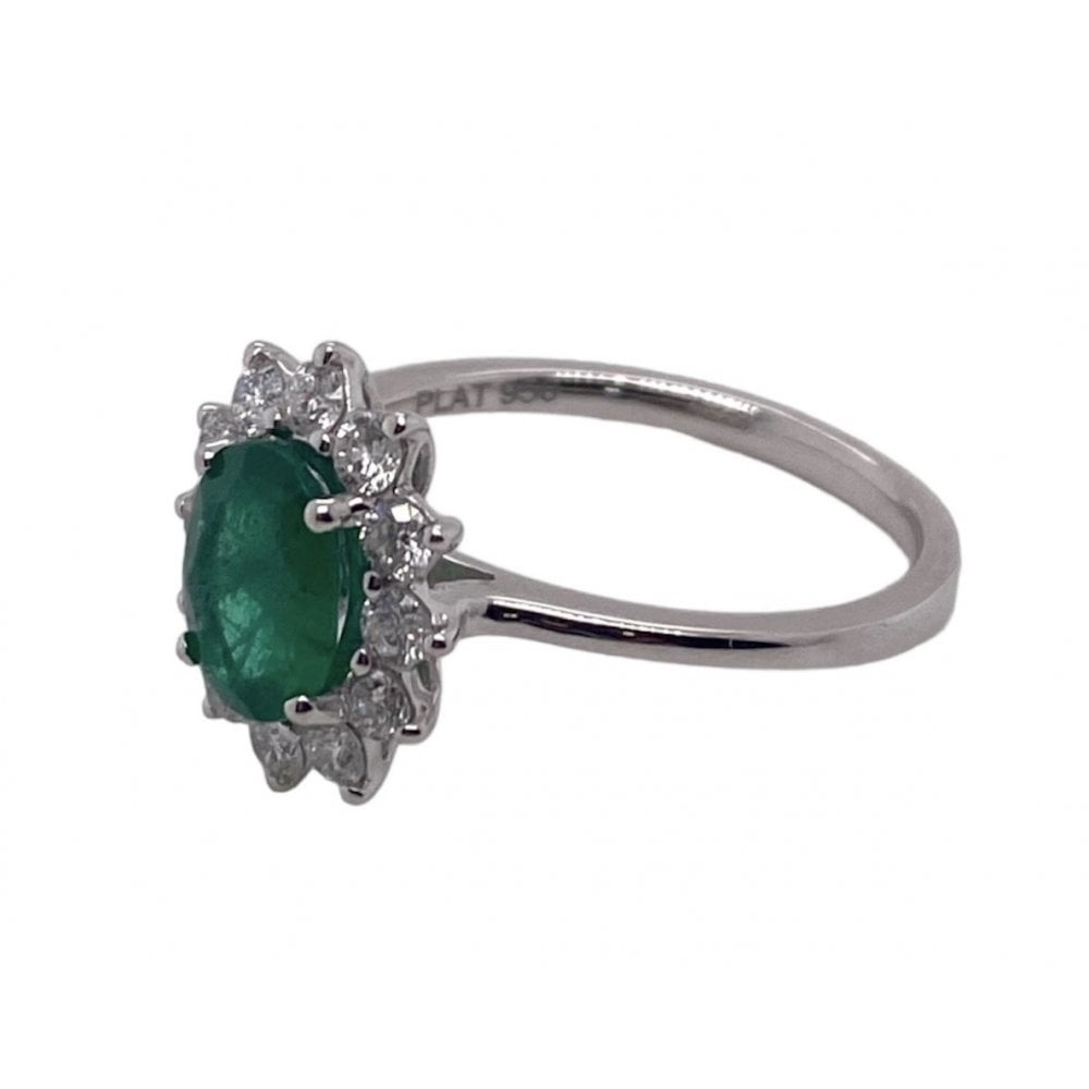 Platinum Emerald and Diamond Cluster Engagement Ring