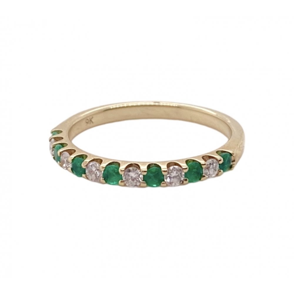 9ct Gold Ladies Diamond & Emerald Half Eternity Ring