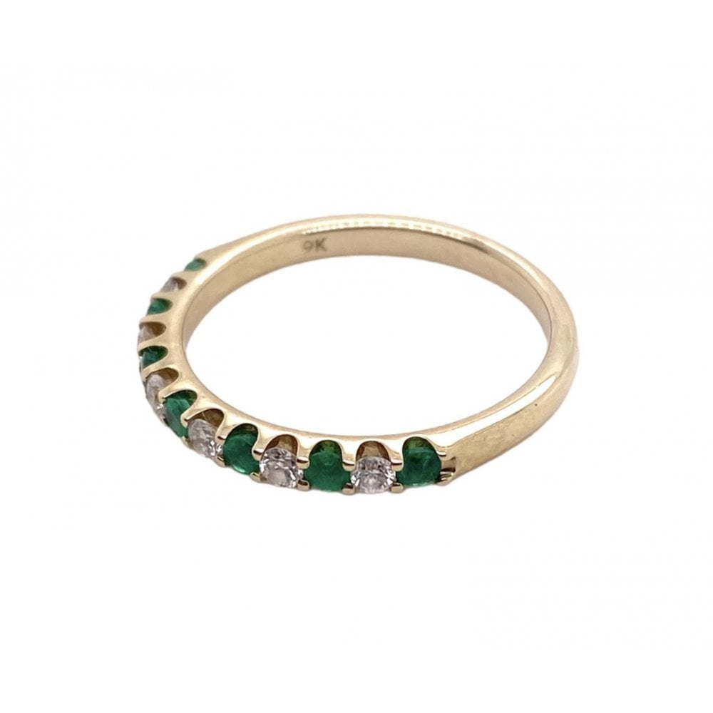 9ct Gold Ladies Diamond & Emerald Half Eternity Ring
