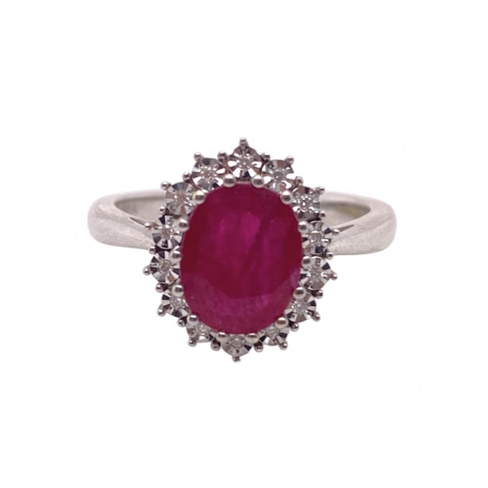9ct White Gold Ruby and Diamond Cluster Ring