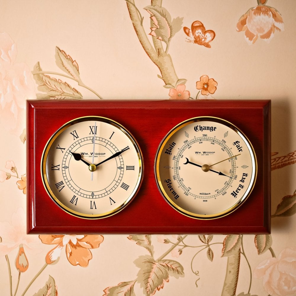 Wooden Piano Finish Quartz Clock and Aneroid Barometer W7930