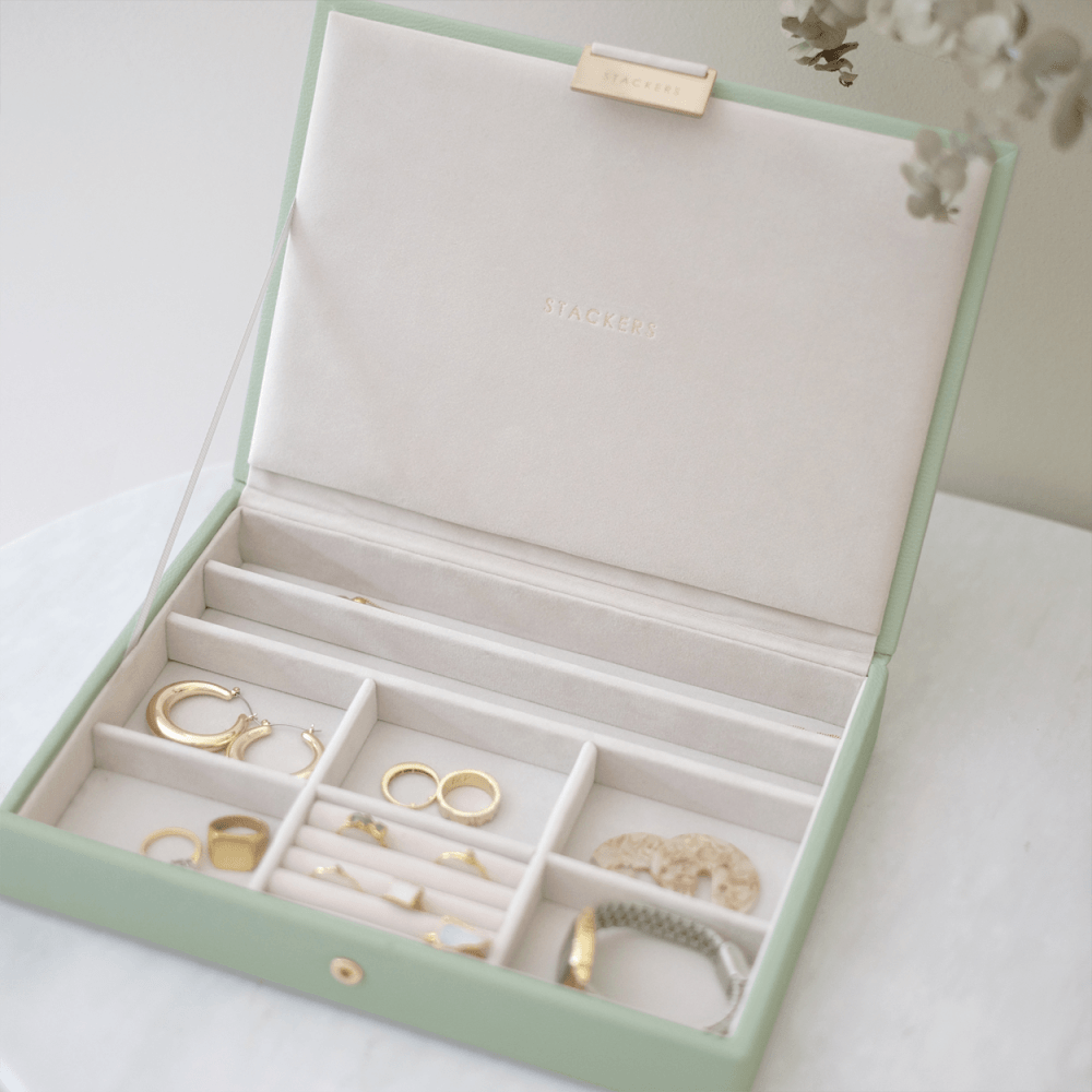 Ladies Sage Green Faux Leather Classic Lid Jewellery Box 74510