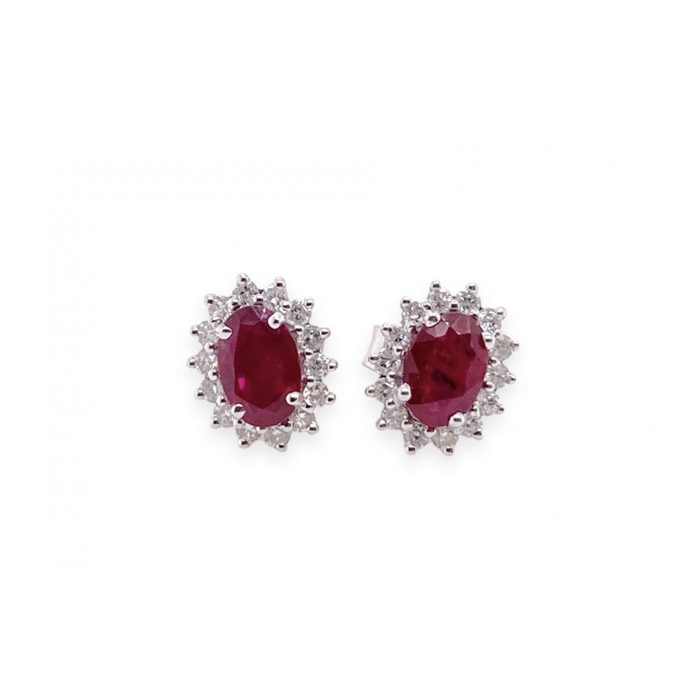 18ct White Gold Ladies Ruby and Diamond Cluster Stud Earrings