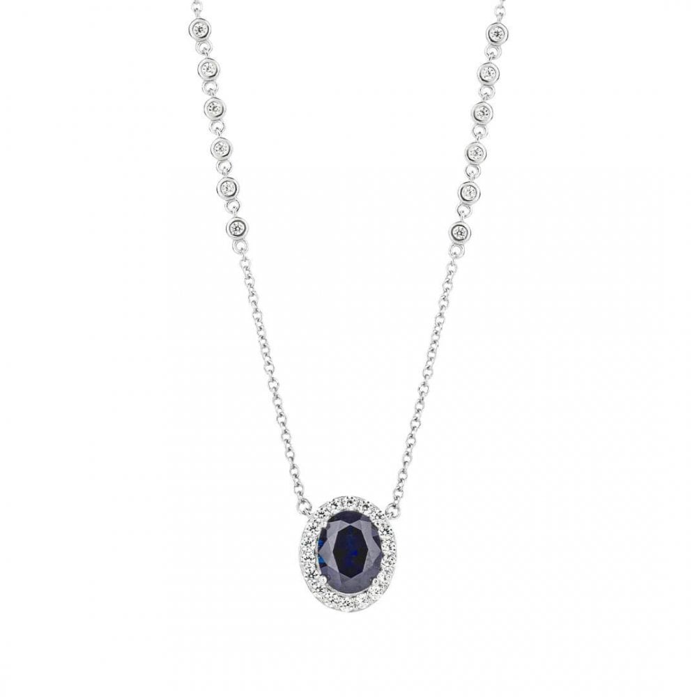 Sterling Silver Oval Blue Necklace With Detailed Chain N4495