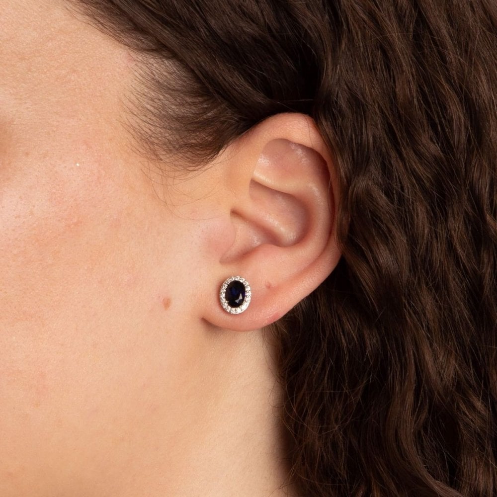Sterling Silver Oval Stud Earrings With Pave Surround E6186