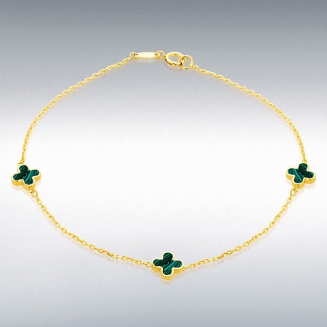9ct Yellow Gold Malachite Clover Petals Bracelet 19cm