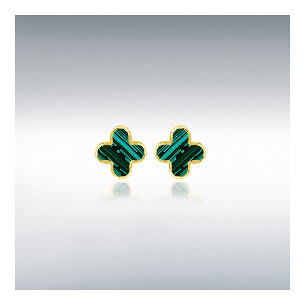 Ladies 9ct Yellow Gold Malachite Petal Stud Earrings