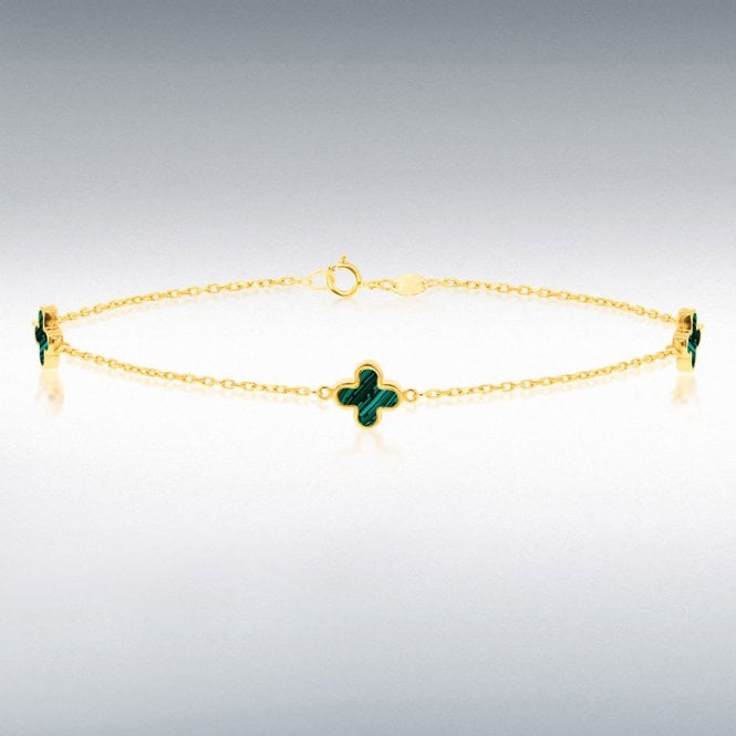 9ct Yellow Gold Malachite Clover Petals Bracelet 19cm