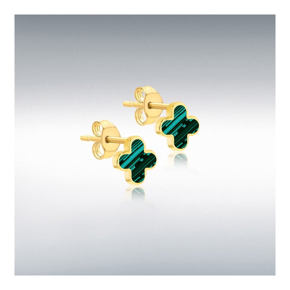 Ladies 9ct Yellow Gold Malachite Petal Stud Earrings