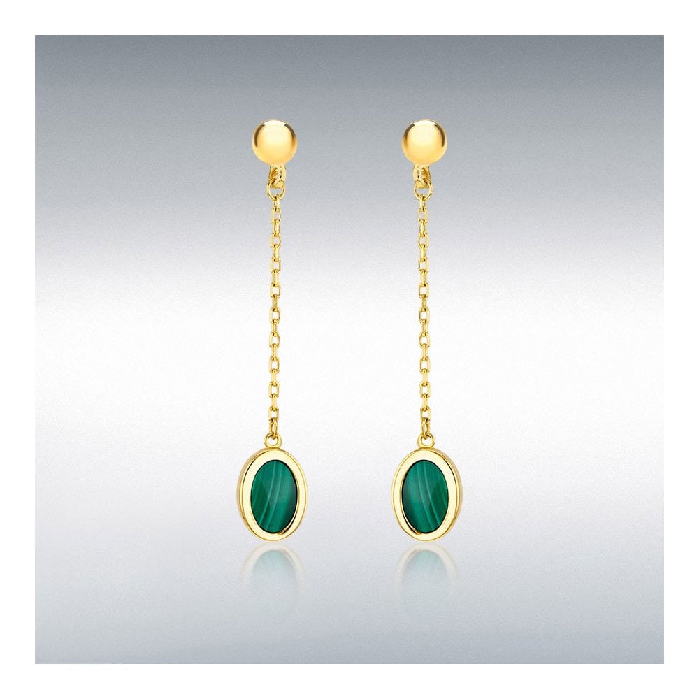 Ladies 9ct Yellow Gold Oval Malachite Drop Earrings