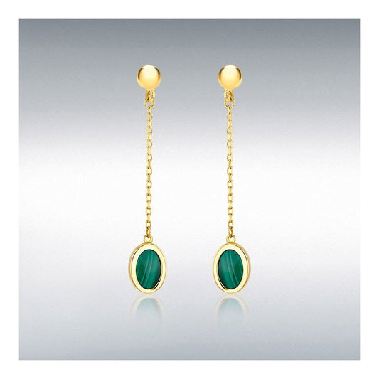 Ladies 9ct Yellow Gold Oval Malachite Drop Earrings