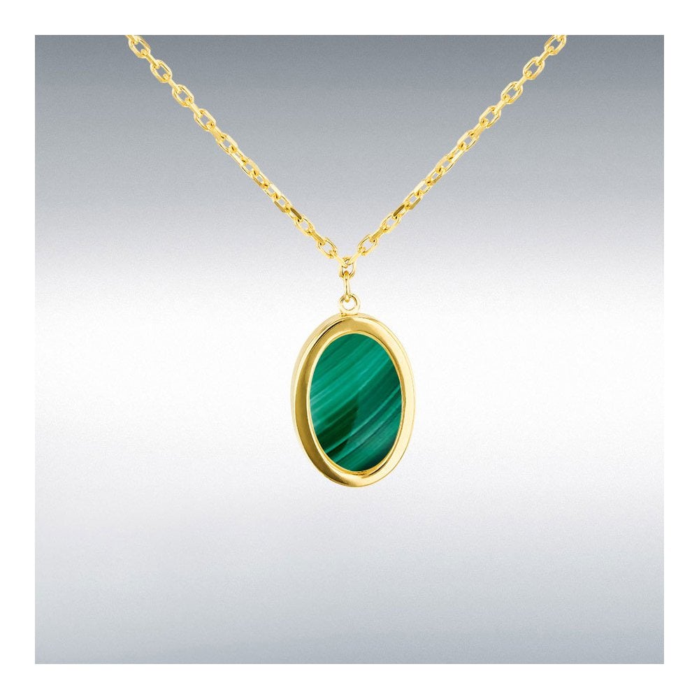 9ct Yellow Gold Oval Malachite Pendant 18"