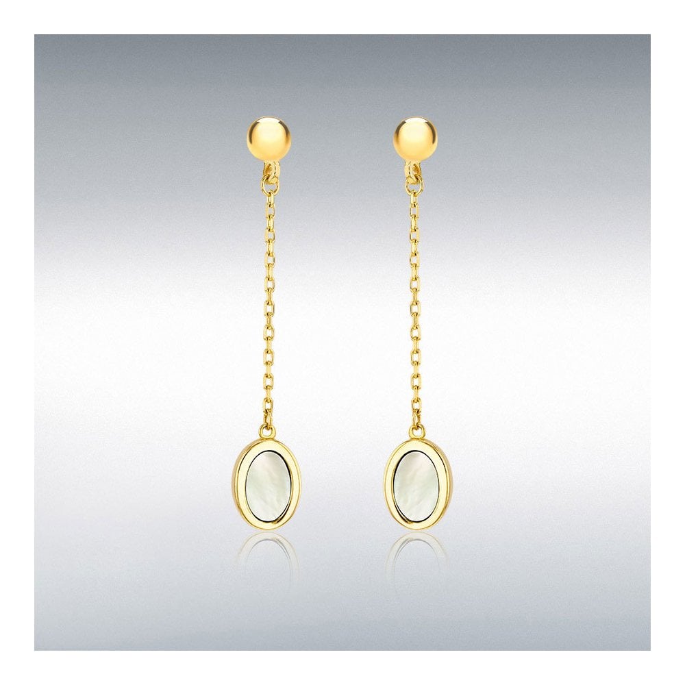 9ct Yellow Gold Oval Mother Of Pearl Stud Drop Earrings