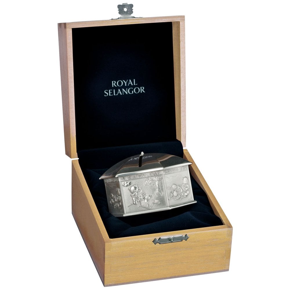 Childs Rainy Day Pewter Coin Box in Wooden Gift Box 0E0634
