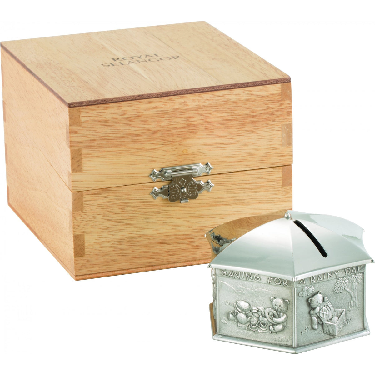Childs Rainy Day Pewter Coin Box in Wooden Gift Box 0E0634