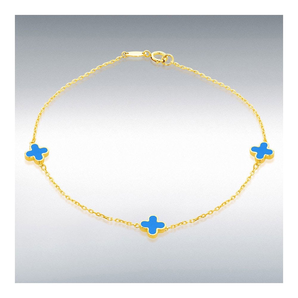 Ladies 9ct Yellow Gold Turquoise Clover Petal Bracelet 19cm