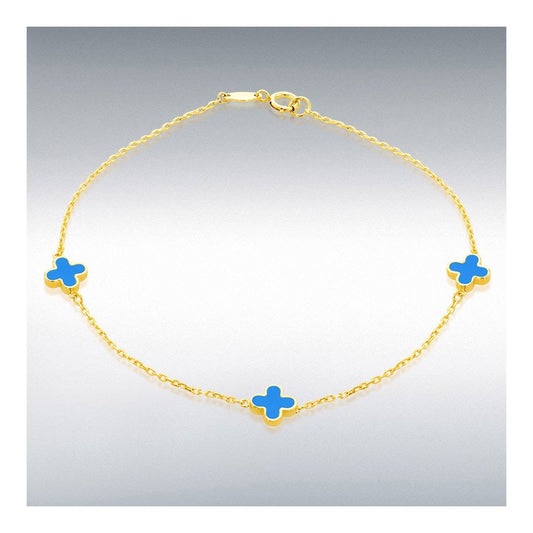 Ladies 9ct Yellow Gold Turquoise Clover Petal Bracelet 19cm