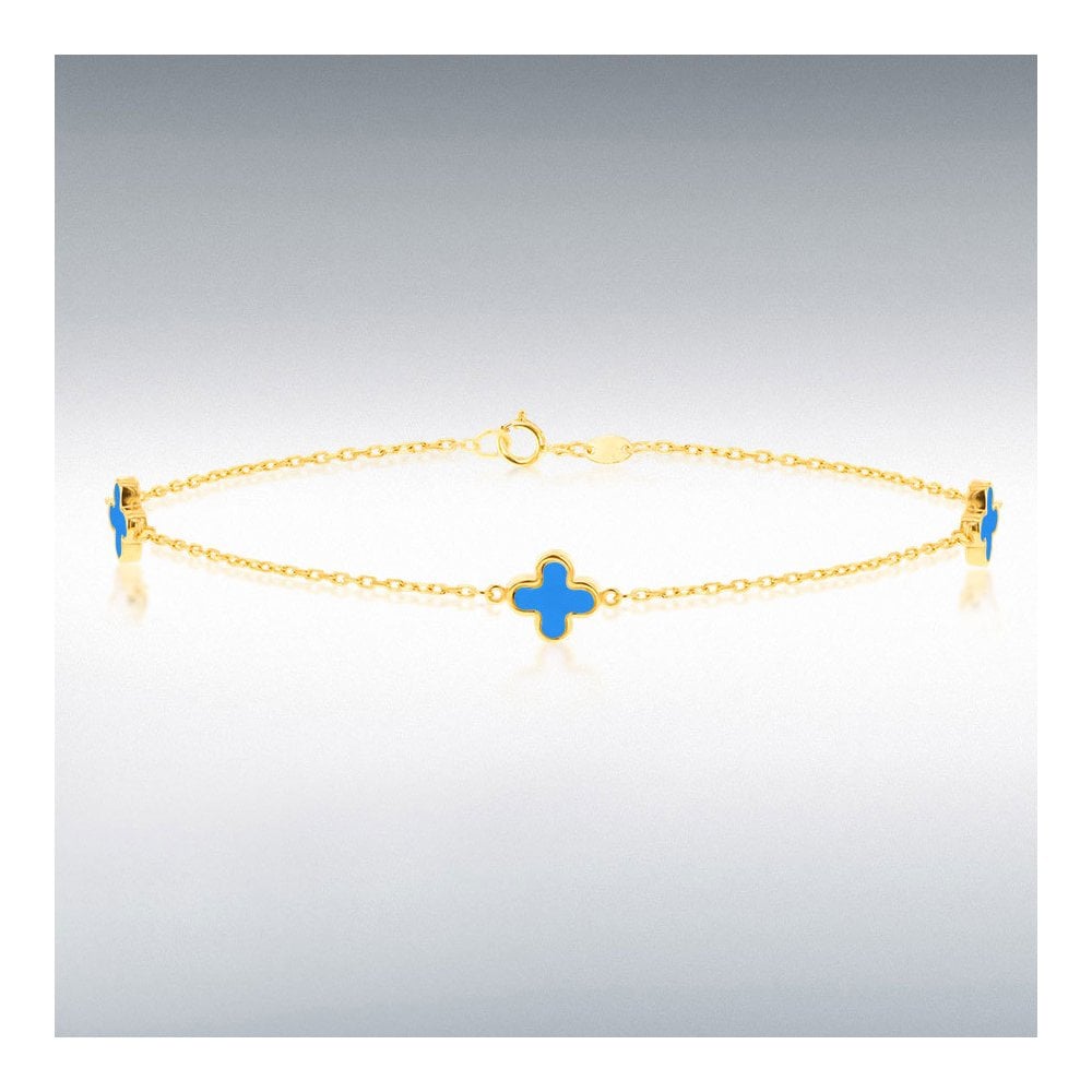 Ladies 9ct Yellow Gold Turquoise Clover Petal Bracelet 19cm
