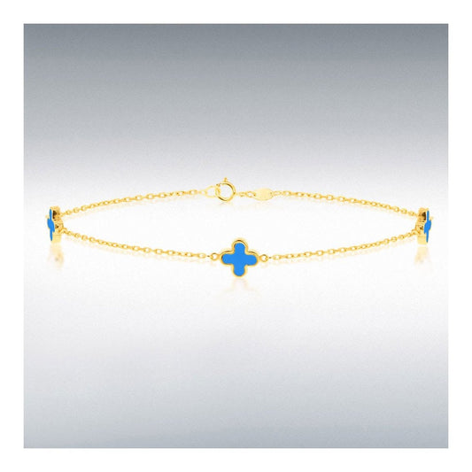 Ladies 9ct Yellow Gold Turquoise Clover Petal Bracelet 19cm