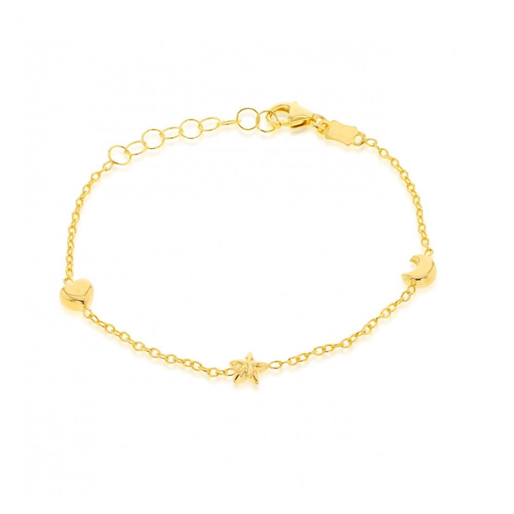 9ct Yellow Gold 5mm Heart Moom & Star Baby Bracelet 14cm/5.5''