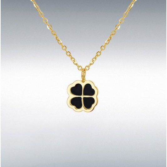 9ct Yellow Gold Black Onyx Clover Pendant 40cm