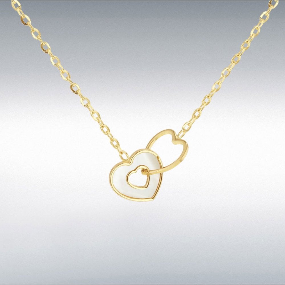 9ct Yellow Gold Mother Of Pearl Linked Heart Necklace 40cm