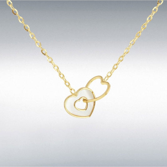 9ct Yellow Gold Mother Of Pearl Linked Heart Necklace 40cm