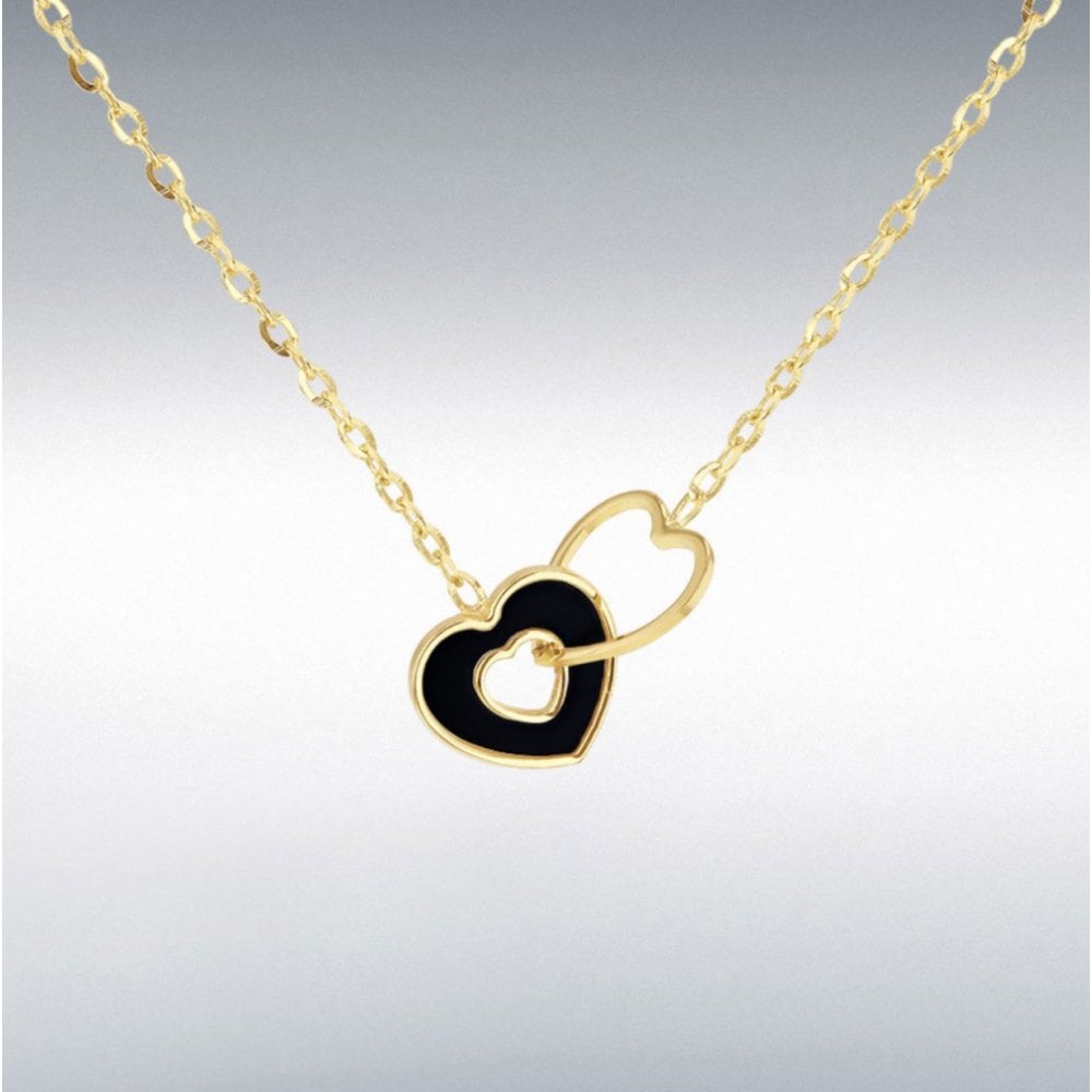 9ct Yellow Gold Black Onyx Linked Heart Necklace 40cm