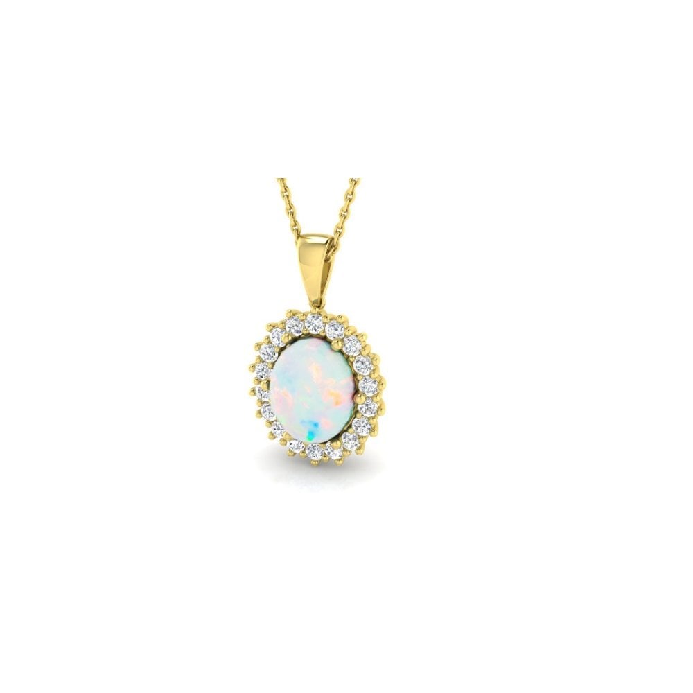 9ct Yellow Gold Ladies Opal & Diamond Cluster Pendant & Chian