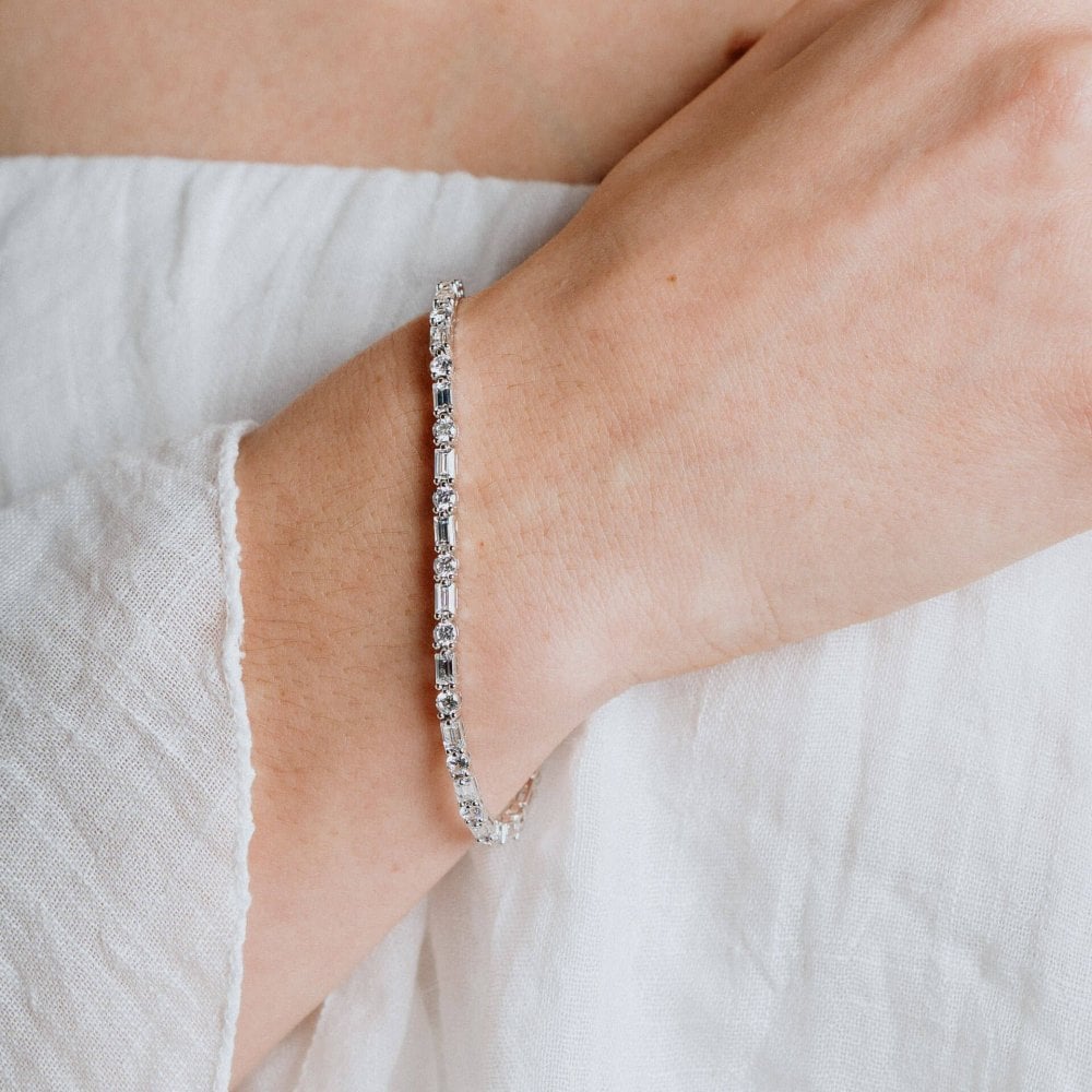 Sterling Silver Baguette & Round CZ Tennis Bracelet B5259