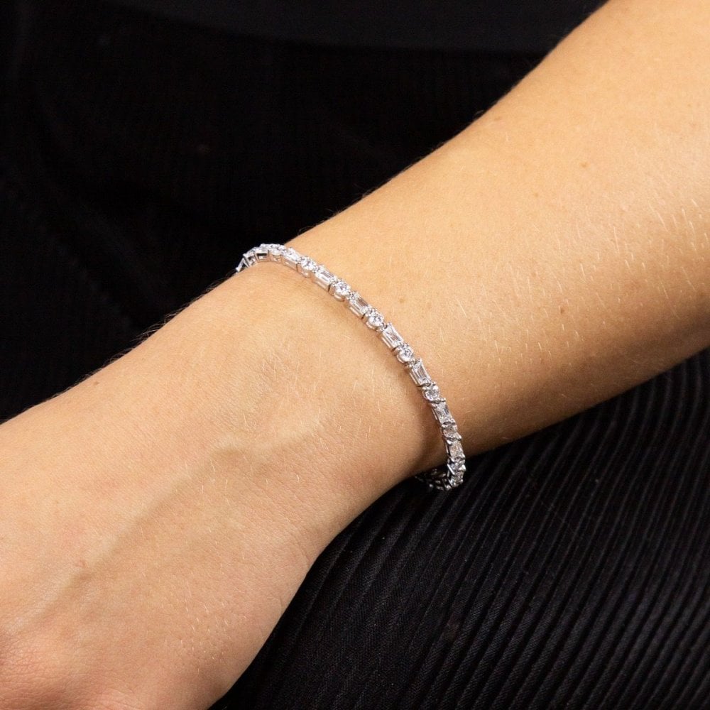 Sterling Silver Baguette & Round CZ Tennis Bracelet B5259