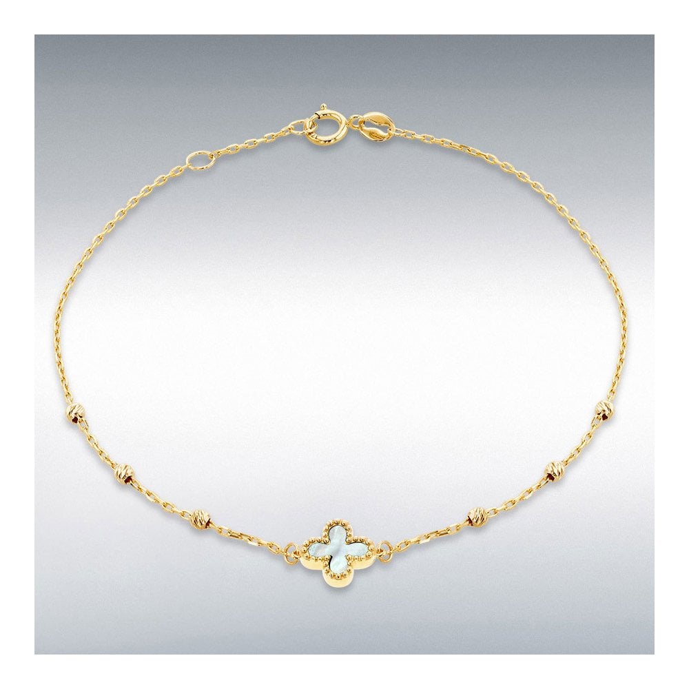 9ct Yellow Gold Ladies Mother Of Pearl Clover Bracelet 18cm-19cm