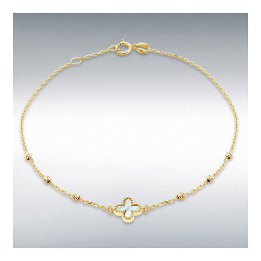 9ct Yellow Gold Ladies Mother Of Pearl Clover Bracelet 18cm-19cm