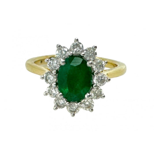 Ladies 18ct Gold Emerald and Diamond Cluster Ring
