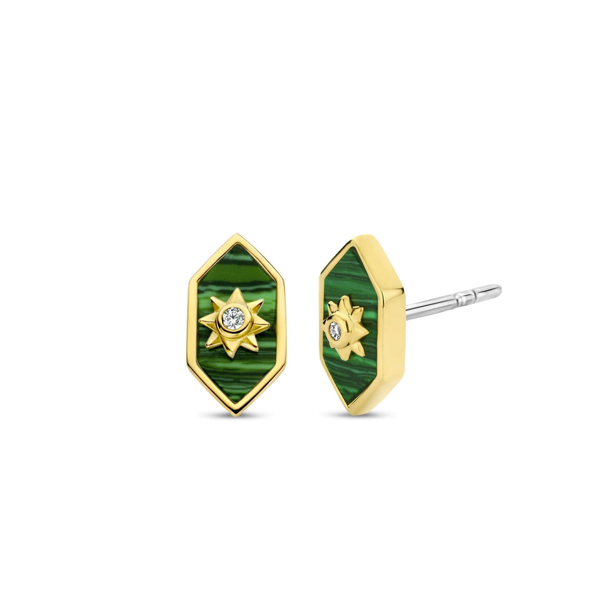 Sterling Silver Gold Finish Malachite CZ Stud Earrings 7943MA