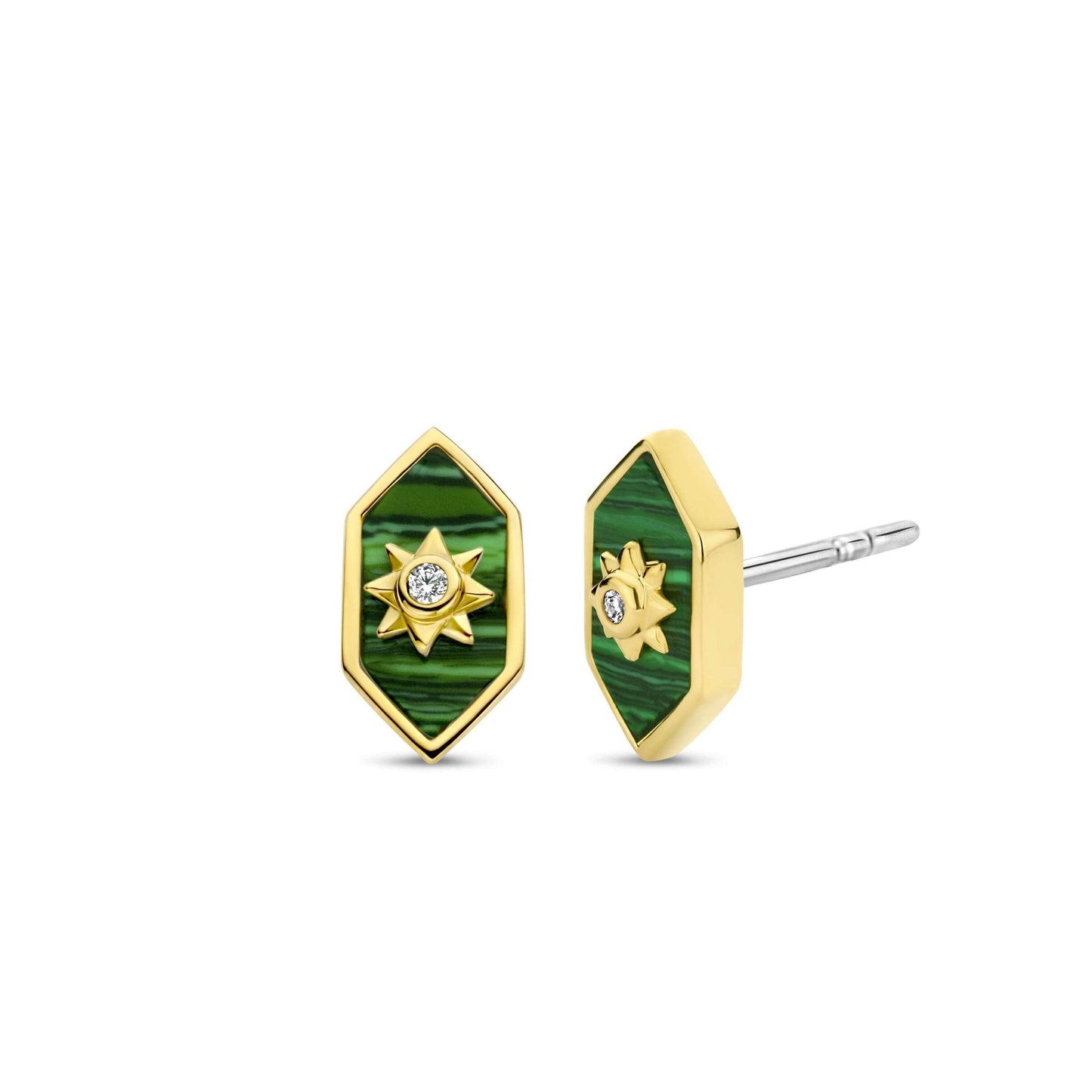 Sterling Silver Gold Finish Malachite CZ Stud Earrings 7943MA