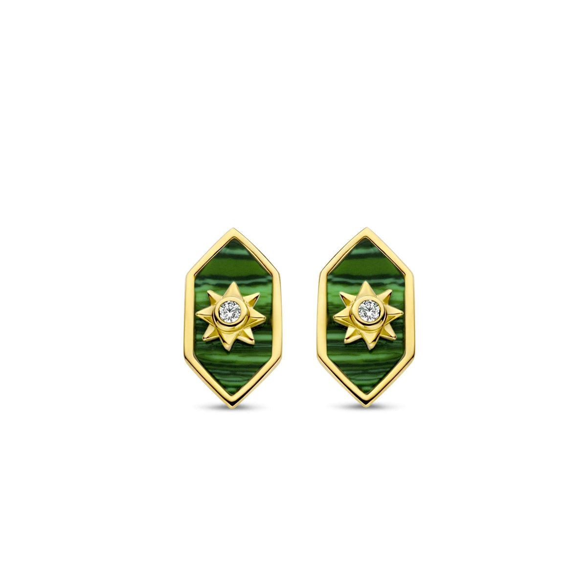 Sterling Silver Gold Finish Malachite CZ Stud Earrings 7943MA