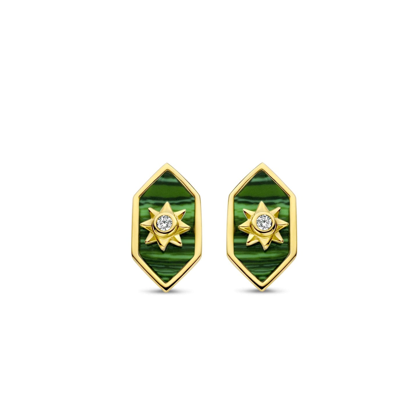 Sterling Silver Gold Finish Malachite CZ Stud Earrings 7943MA