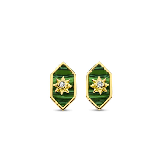 Sterling Silver Gold Finish Malachite CZ Stud Earrings 7943MA