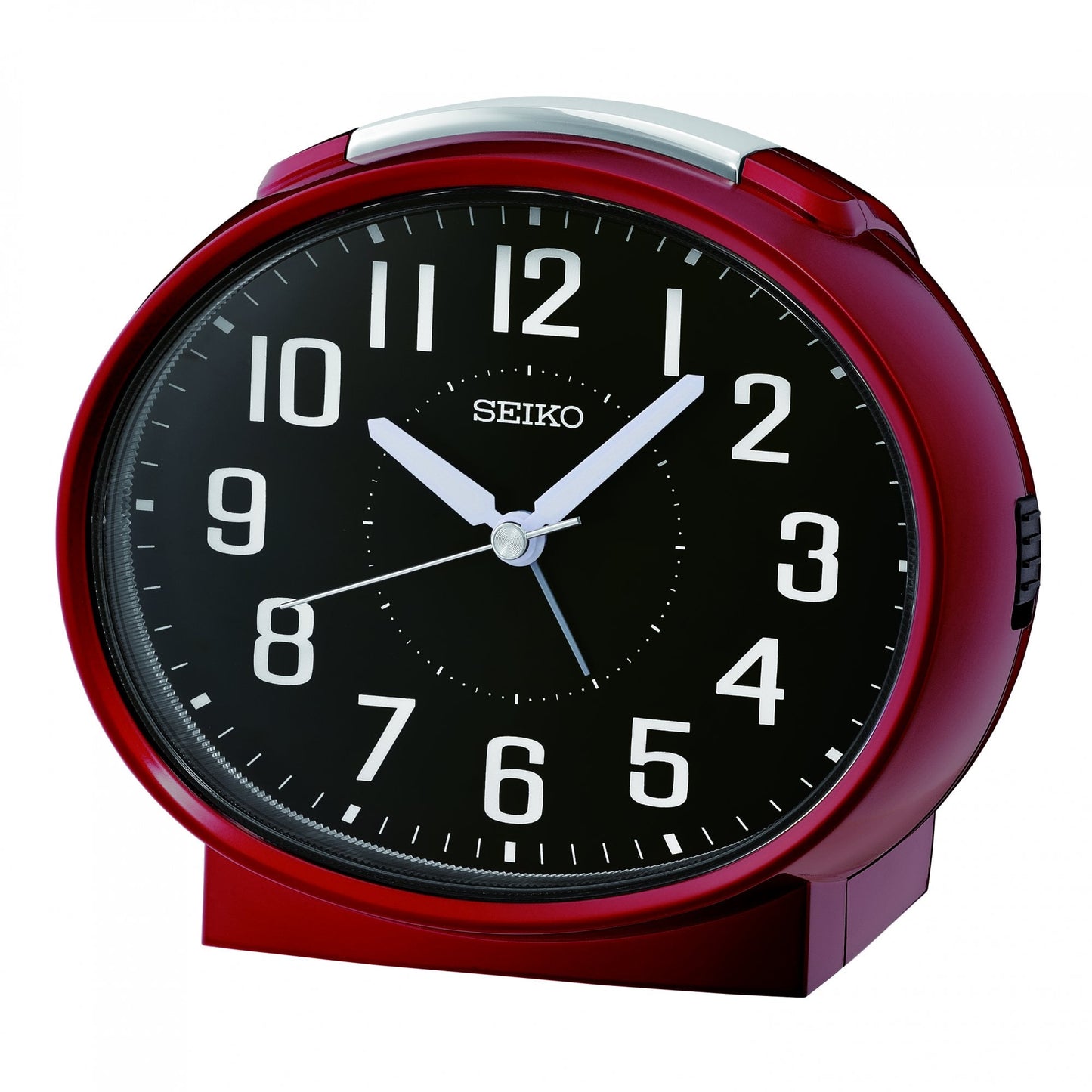Red Seiko alarm clock with a black face on a white background QHK059R