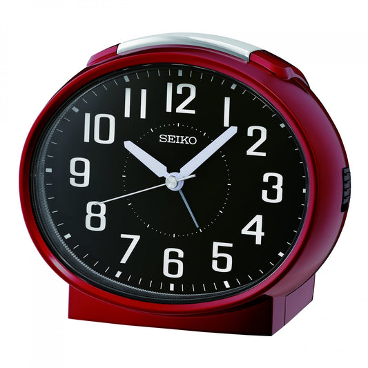 Red Seiko alarm clock with a black face on a white background QHK059R