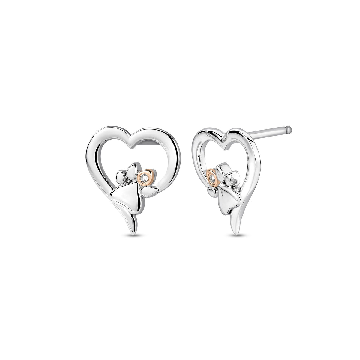 Silver & Gold Topaz Paw Prints Heart Stud Earrings 3SPMH854