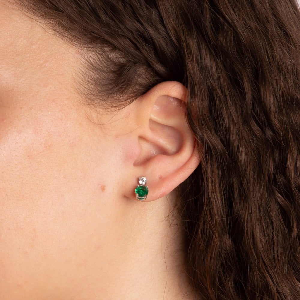 Sterling Silver Oval Green Cubic Zirconia Drop Earrings E6199